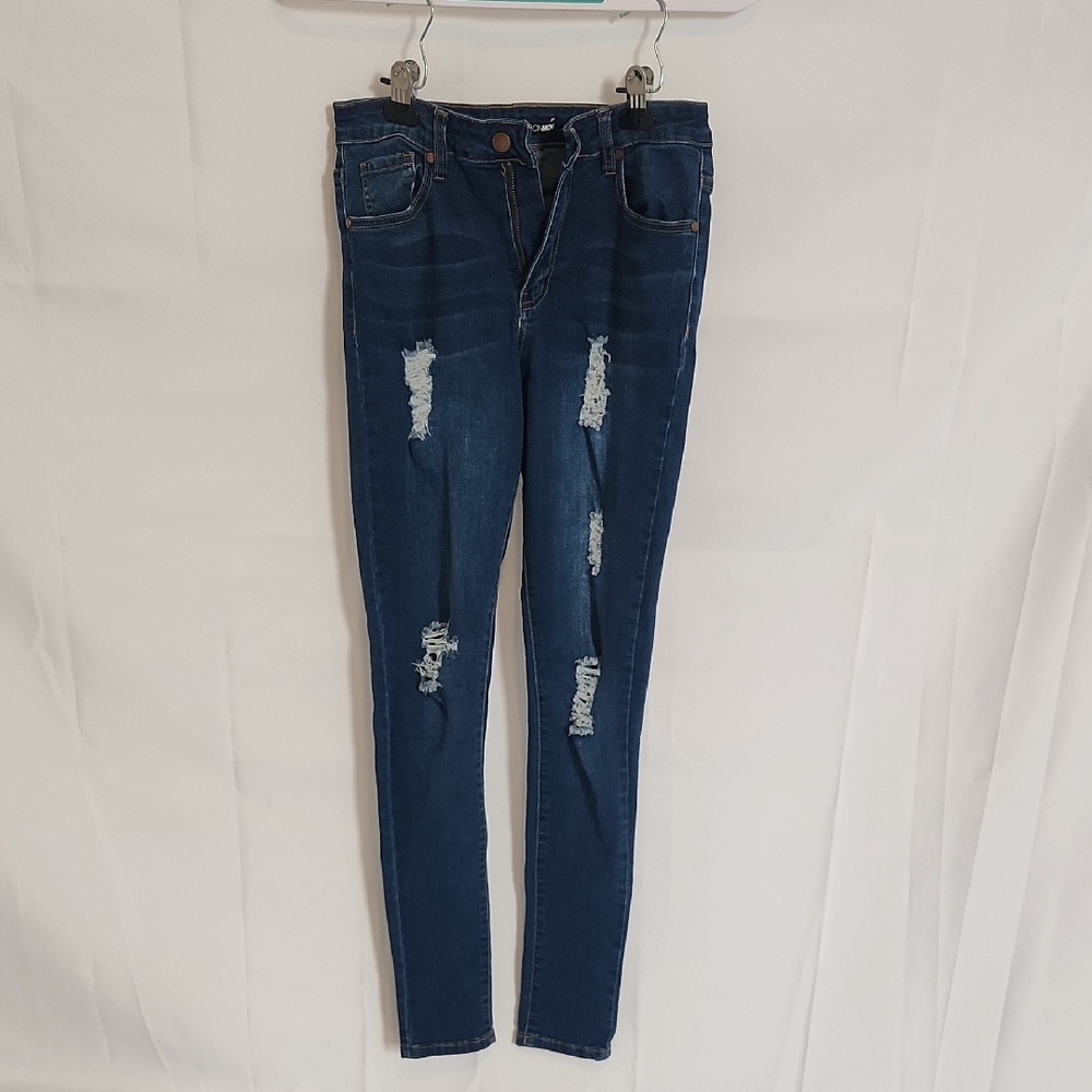 Fashion Nova Dark Blue Distressed Skinny Jeans
